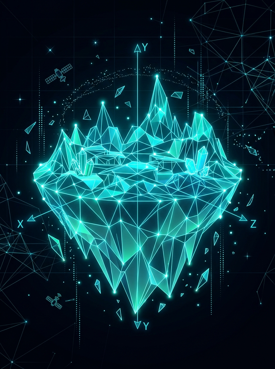 Complete 3D wireframe floating island in cyberspace with glowing cyan nodes and spatial XYZ coordinates